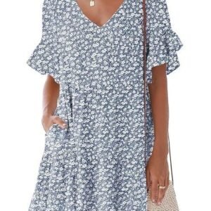 nclook Women's Summer Casual Dress Sweet & Cute V-Neck Mini Dress with Pocket Short Sleevele Ruffle Dress