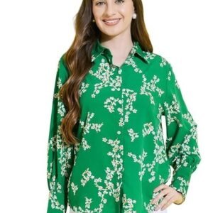 Floral Printed Green Collared Neck Long Sleeve Crepe Regular Fit Women's Casual Shirt || Flower Printed Spread Collar Long Cuffed Sleeve Button Down Regular Length Shirt For Women Stylish Western