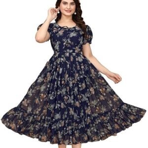Women's Georgette Dresses Floral Printed One Piece Stylish Long Maxi Western Frock Midi Dress for Women (Puffed Sleeves)