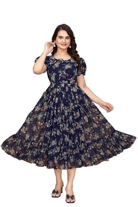 Women's Georgette Dresses Floral Printed One Piece Stylish Long Maxi Western Frock Midi Dress for Women (Puffed Sleeves)