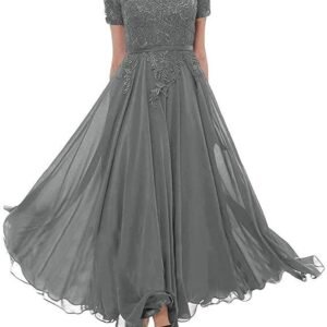 Tea Length Mother of The Bride Dresses Lace Evening Formal Dress Short Sleeve Wedding Guest Groom Dress Applique Women's, Steel Grey, 24 Plus