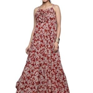 Varanga Women Red Abstract Printed,Spaghetti Strap Cowl Neck A-Line Floor Length Dress, Flared Hem