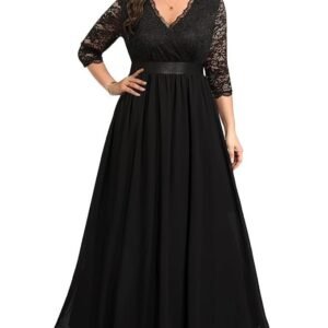 Women's Plus Size Lace Chffon Long Maxi 3/4 Sleeve V-Back Formal Dress