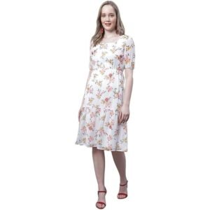 Mini & Ming Women's Off White Floral Printed Square Neck Tiered Midi Dress