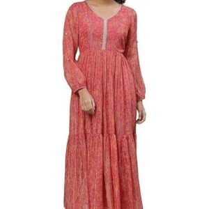 Aurelia Women's Cherries Jubilee Floral Printed Poly Georgette Lurex Flared Ankle Length Dress