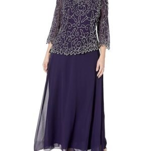 J Kara Plus Size Womens V-Neck with 3/4 Sleeve Long Dress