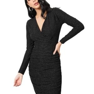 Styli Women’s Wrap Sheath Dress | Knee-Length Polyester Party Dress with Long Sleeves & Ruched Side Detail