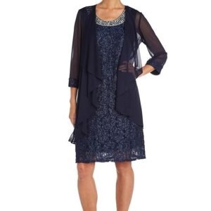 R&M Richards Women's Two Piece Fly Away Jacket Over Beaded Neck Laced Dress