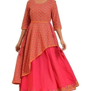 W for Woman Women's Fit and Flare Cotton Printed Asymmetrical Festive Dress Knee-Length