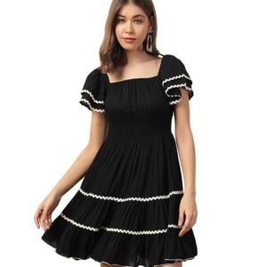 DEEBACO Solid Rayon Smocking Tiered Dress for Women's|Short Layered Bell Sleeves Square Neck Above Knee Length Dress|Summer Wear Girls Dress Western Party Casual Wear Outfits for Ladies