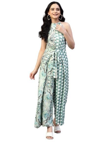 Hencemade Printed Sea Green Tie Around Backless Jumpsuit