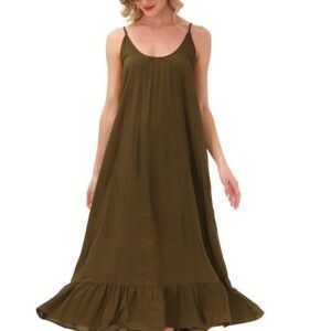 BUENOS NINOS Women's V Neck Floral Maxi Dress Boho Printed Adjustable Spaghetti Strap Ethnic Beach Long Dress with Pockets S Army Green Dress