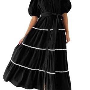 PRETTYGARDEN Women's Summer Button Down Shirt Dress Short Puffy Sleeve Tiered Ruffle Flowy Long Maxi Dresses