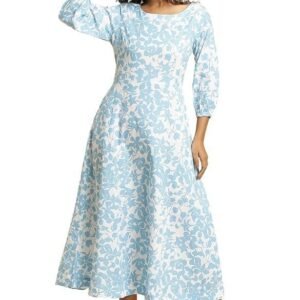 W for Woman Women's Fit and Flare Cotton Blend and Blue Floral Printed Flared Long Dress Calf Length