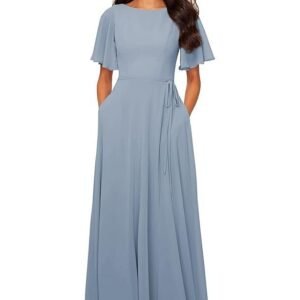 petyoo Flutter Sleeve Bridesmaid Dresses for Wedding Women 2024 Chiffon Prom Formal Dress with Pockets Sash