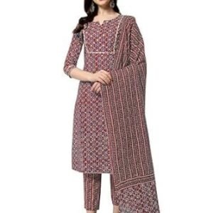 MIRCHI FASHION Women's Stylish Straight Fit Cotton Ajrak Motif Printed Kurta Set with Trouser Pant and Dupatta