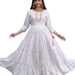 M32-PRESENTING Our New Launching in Beautiful Long Gown Rayon Fabric Print Embroidery Work gota Work Anarkali Gown for Women and Girls White
