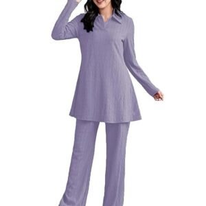 TADKEE Women's Solid Color Two-Piece Set | Long Sleeve Top & Wide Leg Pants Co-ord Set | Casual Wear Co ord Set