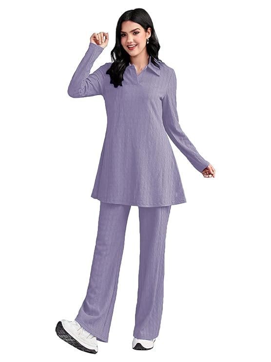 TADKEE Women's Solid Color Two-Piece Set | Long Sleeve Top & Wide Leg Pants Co-ord Set | Casual Wear Co ord Set