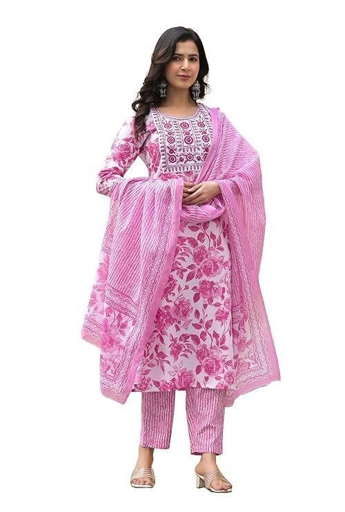 KLOSIA Women's Viscose Embroidery Floral Printed Anarkali Kurta And Pant Set With Dupatta | Kurta Set | Ethnic Set | Dupatta Set | Wedding Suit | Suit Set