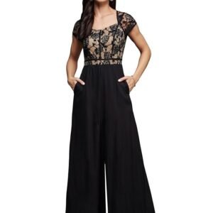 Miss Chase Women's Sweetheart Neck Raglan Sleeve Floral Lace Overlaid Viscose-Rayon Regular Length Jumpsuit
