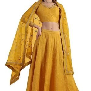 W for Woman Yellow Metallic Embroidery Crop Top & Skirt with Dupatta Set