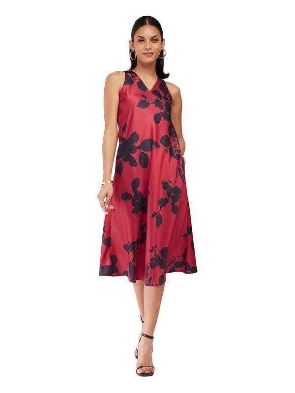 Fable Street Women Satin Floral Dress - Maroon|Perfect for Casual, Office, and Everyday Outfits