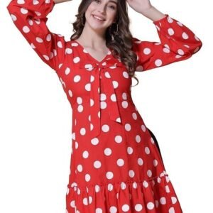 GOD BLESS Red Colored Cotton Polka Dot Printed Short Dress,Short Length,Full Sleeeves,V Neck