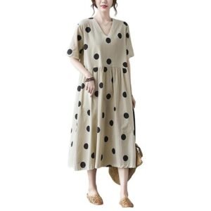Polka Dot Dress for Women Street Fashion Loose Panels Cotton Linen V-Neck Short Sleeve Dress Photo Colour M, Photo colour, M