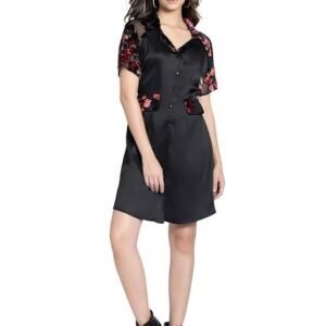 SHAYE Notch Lapel Collar Black Printed Short Sleeves Party Shirt Dress for Women