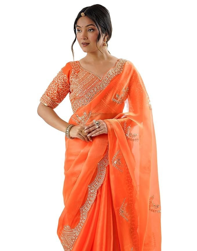 SIRIL Women's Tissue Soft Silk Embroidered Saree With Unstitched Blouse