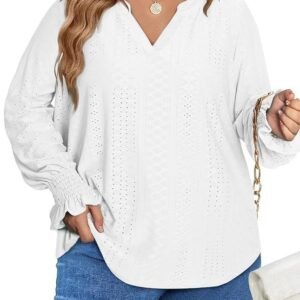 Eytino Plus Size Tops for Women Split V Neck Puff Long Sleeve Summer Loose Blouse Shirts(1X-5X)