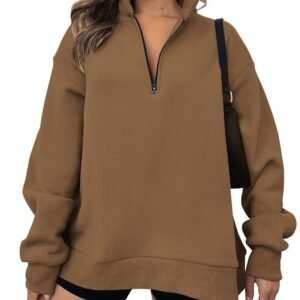 BTFBM Women's Quarter Zip Long Sleeve Sweatshirt Oversized Casual 2023 Fall Winter Fashion Hoodies Pullover Y2K Clothes, Solid Brown, Small