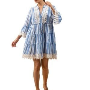 LABEL REYYA Midi Dress for Women V Neck Tiered Stripped Dress Flared Sleeve A Line Blue Strip Shirt Relaxed Fit Casual Dress for Girls