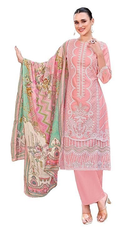 DRAVINAM Trends Women's Exquisite Unstitched Viscose Cambric Lawn Cotton Suit Dress Material with Embroidered Daman & Sleeves | Stylish Pure Cotton Digital Print Dupatta & Solid Bottoms