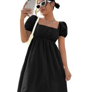 Shasmi Women's & Girl's Dress for Women l One Piece Dress for Women l Beach Dress for Women, Solid Textured Puff Sleeve Square Neck Midi Dress