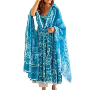 GoSriKi Women’s Rayon Blend Printed Anarkali Kurta with Pant & Dupatta