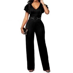 PDBQ Women's V-Neck Jumpsuit High Waist Short Sleeve Ruffled Loose Long Wide Leg Pants
