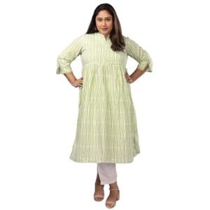 Sizeupp Women's White & Green Cotton Plus Size Printed Kurta |2XL - 8XL | Mandarin Collar | 3/4 Sleeve | Straight Fit | Comfortable & Stylish Kurta, Perfect for Casual and Ethnic Occasions