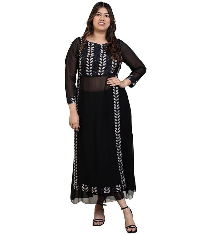 DEEBACO Emroidered Print Rayon Kurti & Georgette Palazzo Indo Western Plus Size Co-Ord Set for Women's|Boat Neck Full Sleeves|Ladies Party Outfits Summer Collection Stylish Fusion Wear