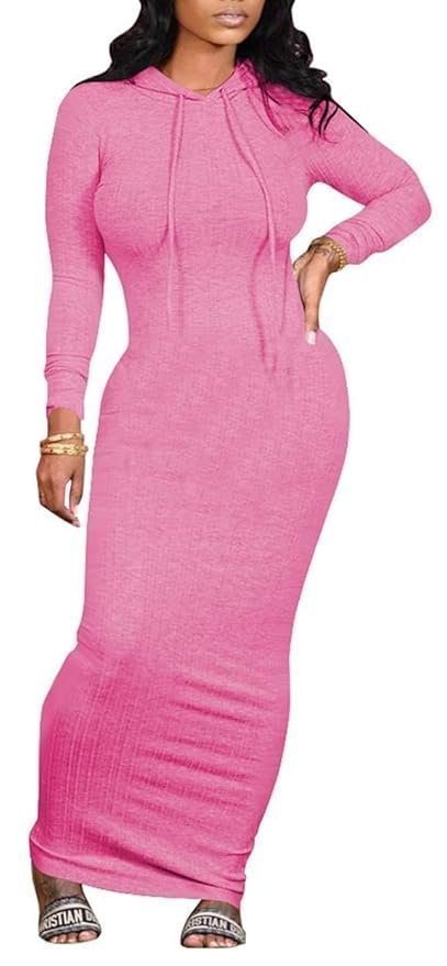 Dezraia Long Sleeve Bodycon Maxi Dress for Women One Piece Hoodie Sweatshirt Dresses