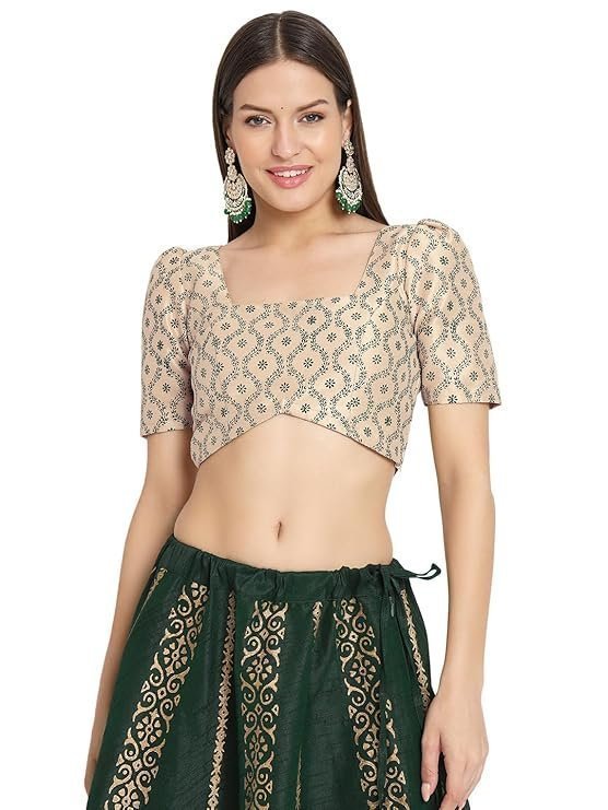 studio rasa Women's Silk Blend Hand Block Printed Square Neck Crop Top for Festive Wedding Party