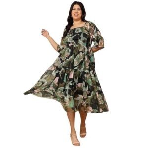 DEEBACO Duck Printed Chiffon Fit & Flare Midi Plus Size Dress for Women's |Square Neck 3/4 Puff Sleeves|Summer Western Party Casual Wear Dress for Ladies (Multicolor)