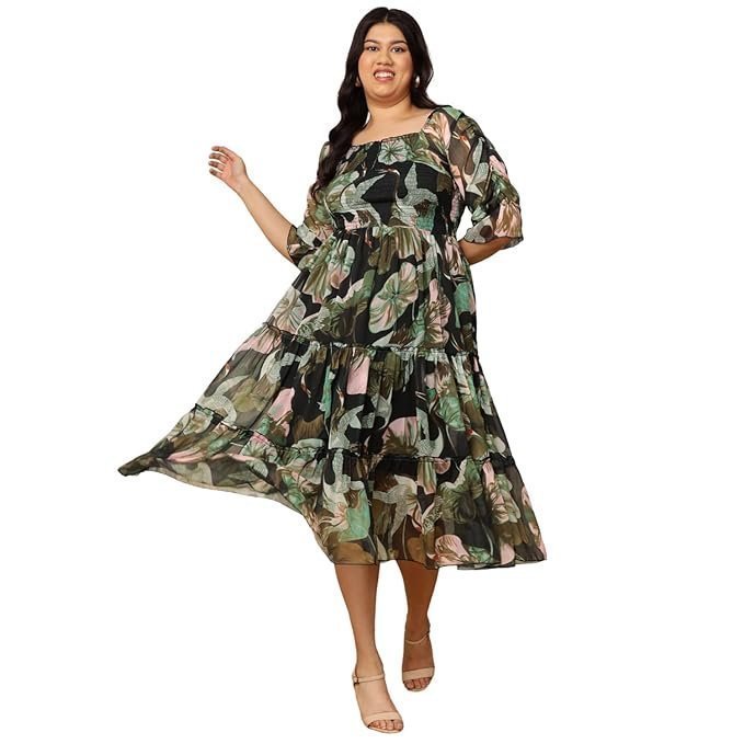 DEEBACO Duck Printed Chiffon Fit & Flare Midi Plus Size Dress for Women's |Square Neck 3/4 Puff Sleeves|Summer Western Party Casual Wear Dress for Ladies (Multicolor)