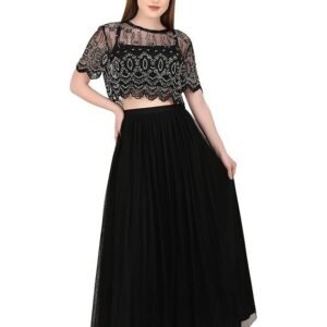 A C C Women Western Party Sequin Beaded Crop Top (XX-Large, Blk/SIL)