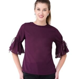 V&M Women’s Purple Solid Casual Top | Designer 3/4 Tie-Up Sleeve Blouse | Regular Fit Polyester Top for Office, Vacation, Party, Daily Use