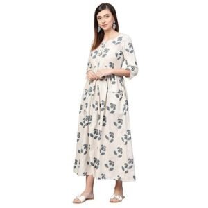 idaLia Designer Dresses for Women - Floral Printed Cotton A-Line Dress with Pockets - Women Dresses - 3/4 Sleeve, Round Neck, Flared Hem, Fusion Dress