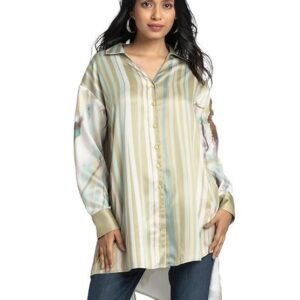 SHAYE Green Spread Collar Stripe Print Full Sleeves Casual Oversized Shirts for Women