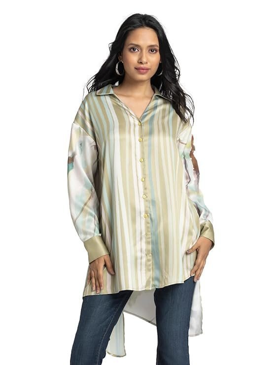 SHAYE Green Spread Collar Stripe Print Full Sleeves Casual Oversized Shirts for Women