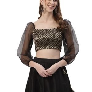 studio rasa Women's Brocade and Organza Puff Sleeves Crop Top for Wedding Party Festives